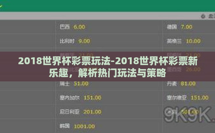 2018世界杯彩票玩法-2018世界杯彩票新乐趣，解析热门玩法与策略