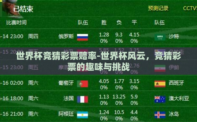世界杯竞猜彩票赔率-世界杯风云,竞猜彩票的趣味与挑战 世界杯竞猜彩票赔率-世界杯风云,竞猜彩票的趣味与挑战