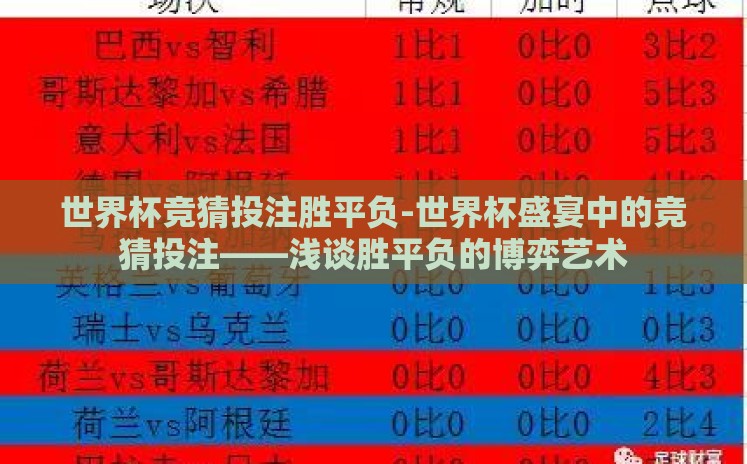 世界杯竞猜投注胜平负-世界杯盛宴中的竞猜投注——浅谈胜平负的博弈艺术 世界杯竞猜投注胜平负-世界杯盛宴中的竞猜投注——浅谈胜平负的博弈艺术